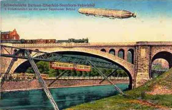 Die Sonnborner Brücke mit Zeppelin um 1914