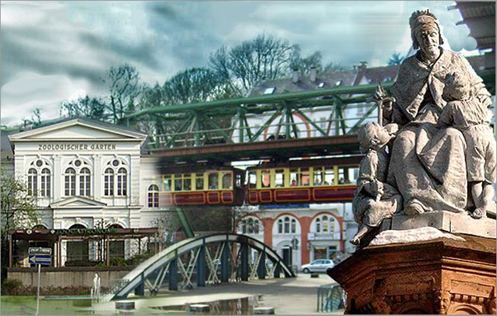 Collage: Zoologischer Garten Wuppertal, Kaiserwagen der Wuppertaler Schwebebahn und Märchenbrunnen im Zooviertel Wuppertal