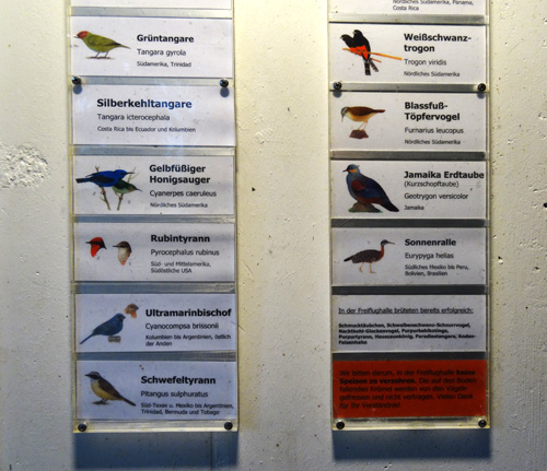 Ausschilderung in der Freiflughalle am Vogelhaus am 8. Januar 2016 im Zoologischen Garten der Stadt Wuppertal