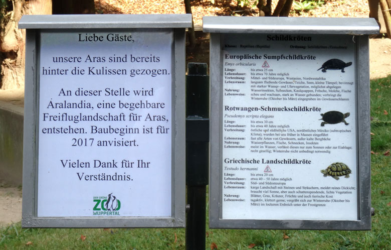 Aushang an der leeren Ara-Anlage am 24. September 2016 im Wuppertaler Zoo