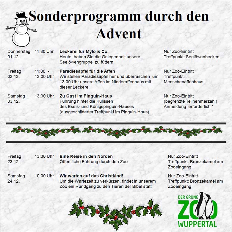 Sonderprogramm zur Adventszeit 2016 im Grünen Zoo Wuppertal