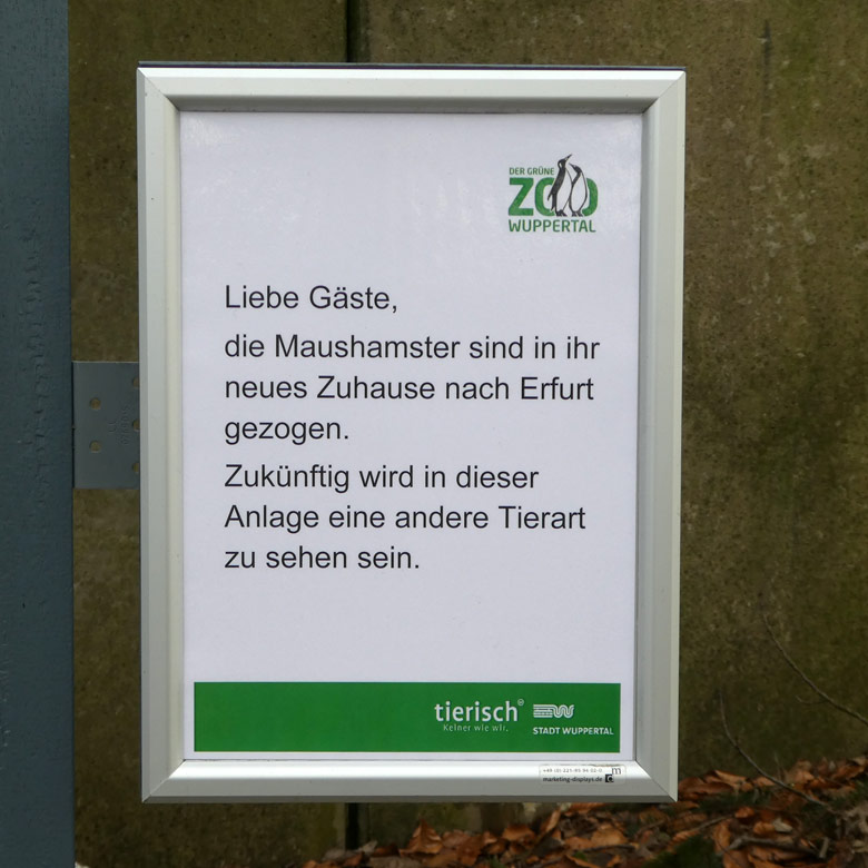 Information am 17. Februar 2018 zur Abgabe der Maushamster nach Erfurt auf einem Aushang am ehemaligen Gehege im Grünen Zoo Wuppertal
