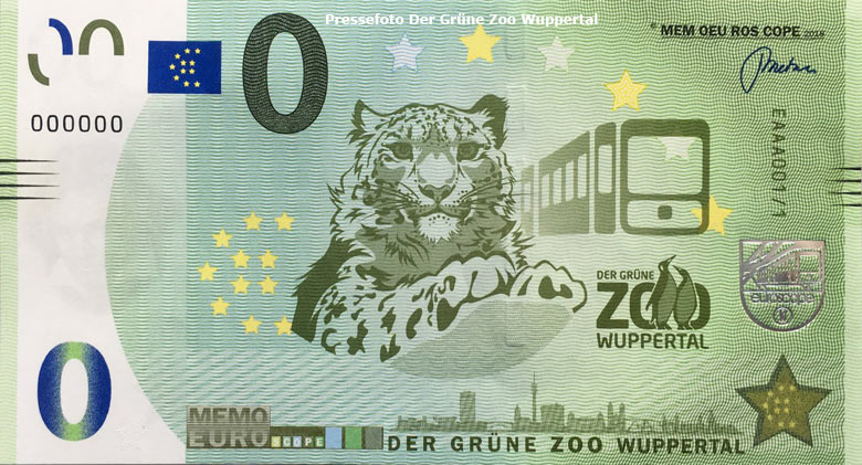 0-Euro-Schein des Grünen Zoos Wuppertal mit dem Motiv Schneeleopard (Pressefoto Der Grüne Zoo Wuppertal)