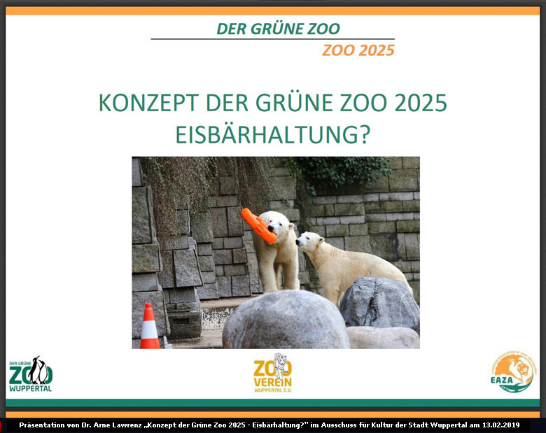 Präsentation von Zoodirektor Dr. Arne Lawrenz "Konzept der Grüne Zoo 2025 - Eisbärhaltung, Seelöwenanlage und Integration des männlichen Bonobo Bili"" im Ausschuss für Kultur der Stadt Wuppertal am 13.02.2019