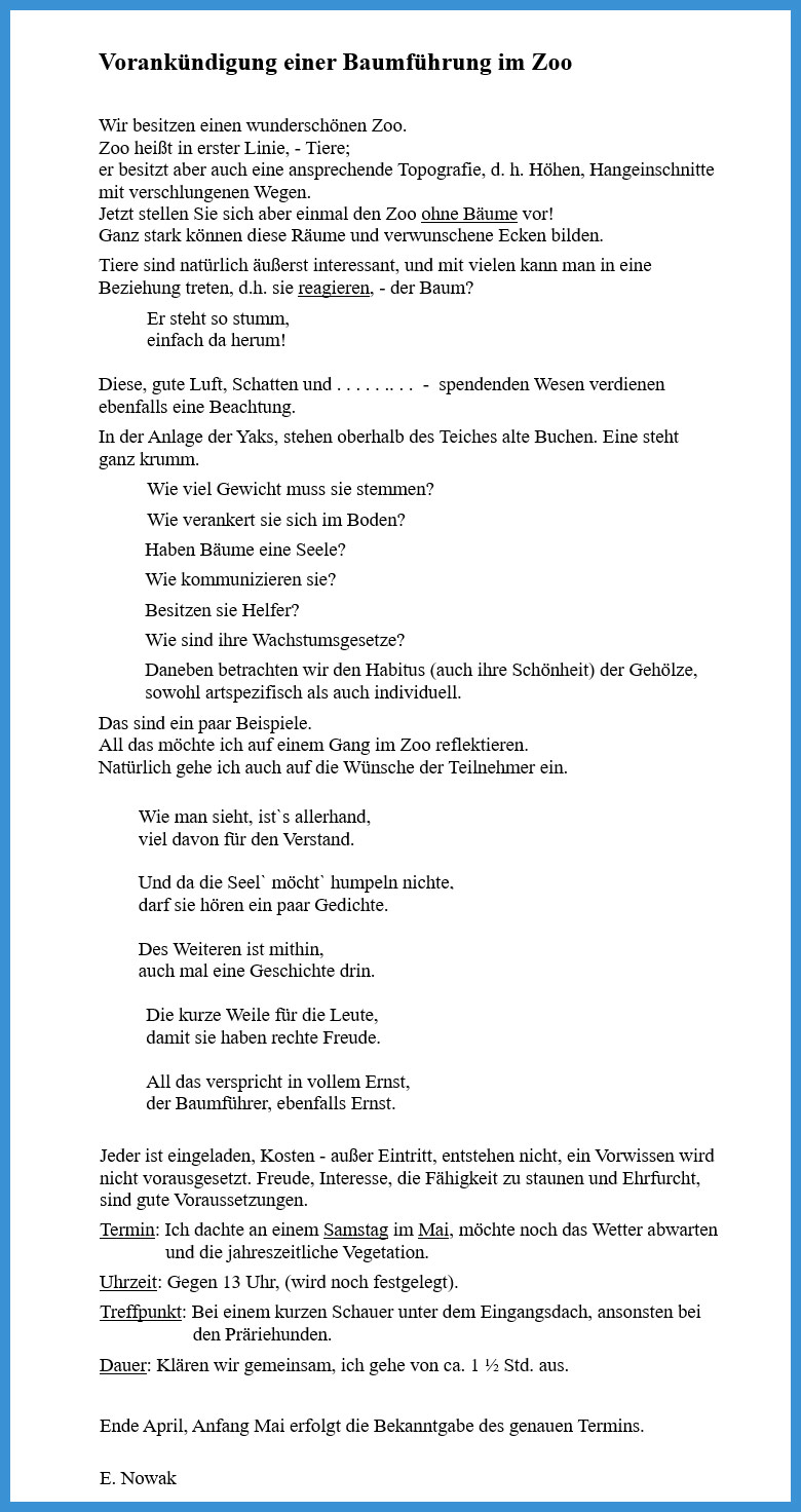 Vorankündigung einer Baumführung im Grünen Zoo Wuppertal - Text von Ernst Nowak