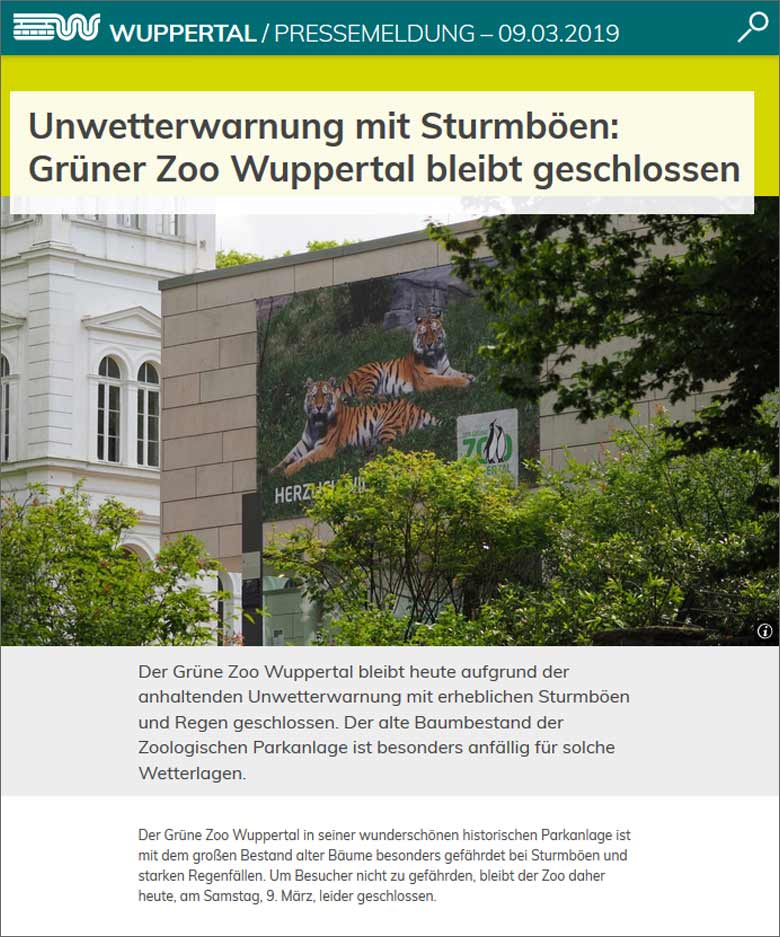 Pressemeldung der Stadt Wuppertal vom 9. März 2019: Grüner Zoo Wuppertal bleibt geschlossen