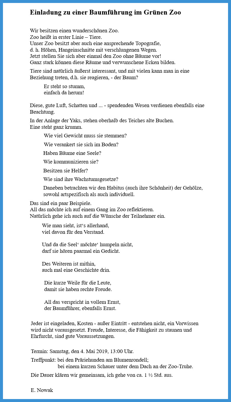 Einladung zu einer Baumführung im Grünen Zoo Wuppertal - Text von Ernst Nowak
