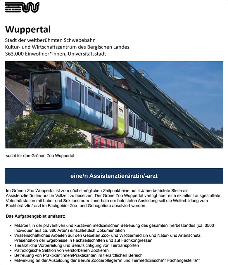 Aktuelle Stellenausschreibung der Stadt Wuppertal für eine/n Assistenztierärztin/-arzt für den Grünen Zoo Wuppertal (Screenshot)