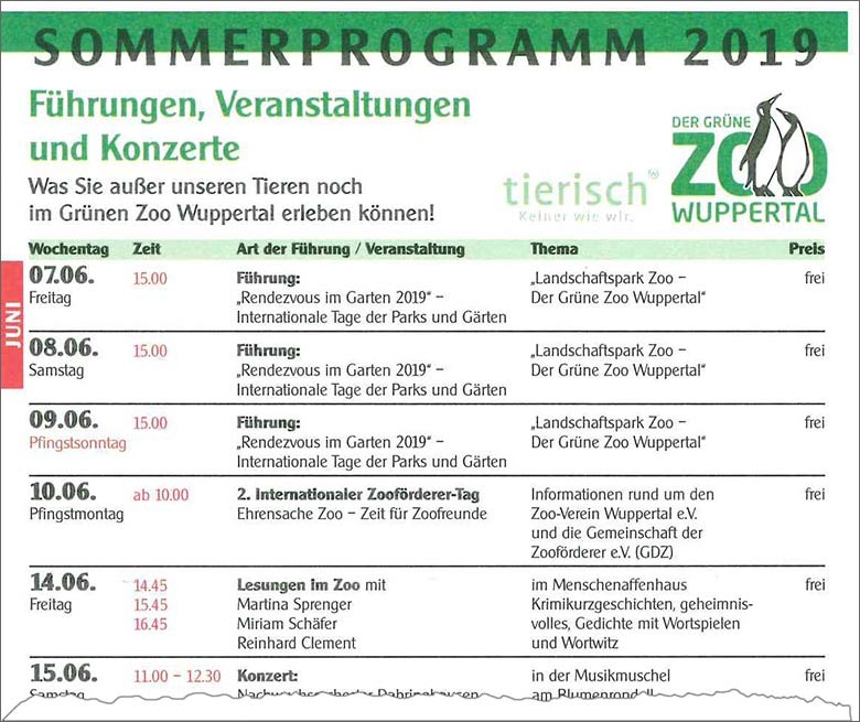 Ausriss: Sommerprogramm 2019 im Grünen Zoo Wuppertal