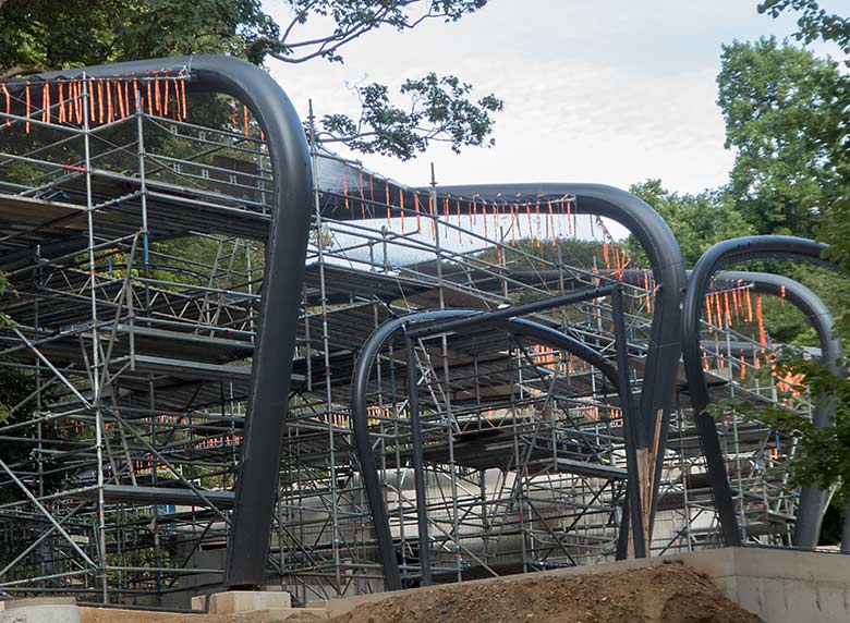 Stahlgerüst zur Montage des Draht-Netzes auf der Baustelle der begehbaren Freiflug-Voliere ARALANDIA am 6. September 2019 im Zoologischen Garten Wuppertal