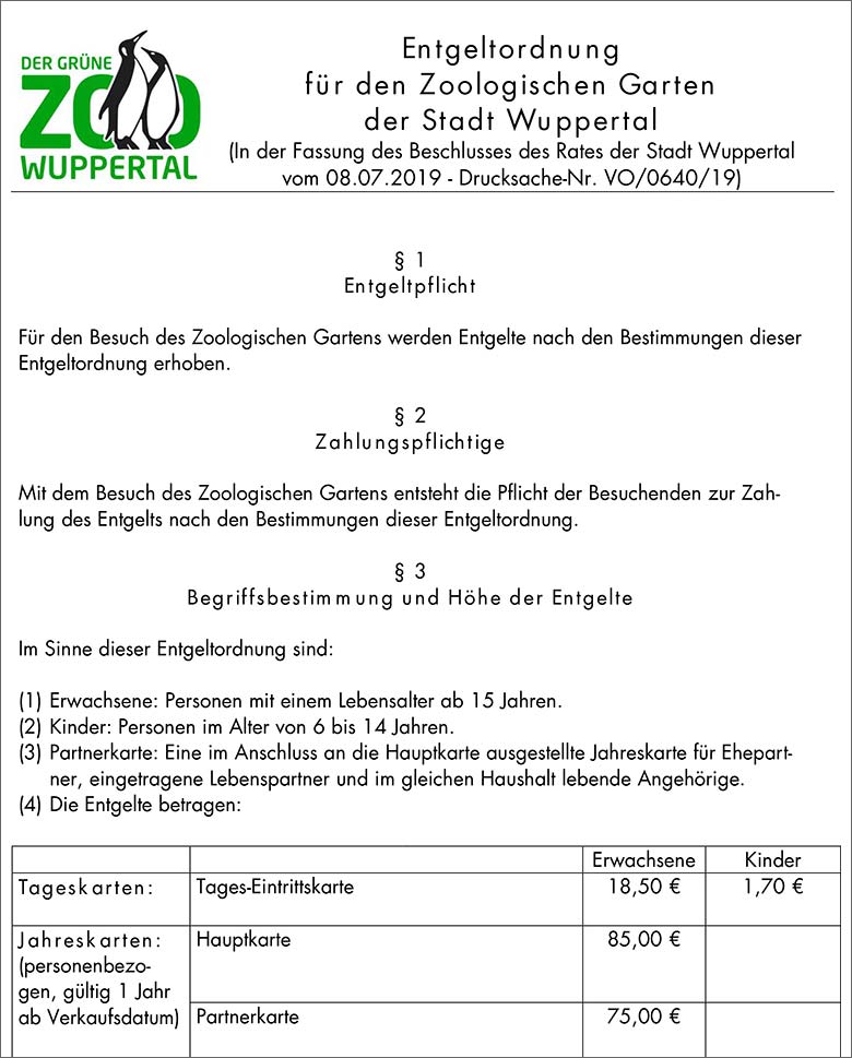 Ausschnitt der Entgeltordnung für den Zoologischen Garten der Stadt Wuppertal ab 1. Oktober 2019