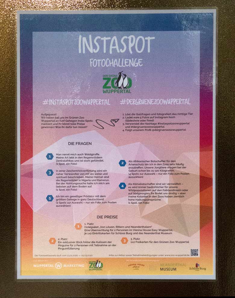 Aushang zu der Instaspot Challenge am 23. Januar 2020 am Aquarium im Wuppertaler Zoo
