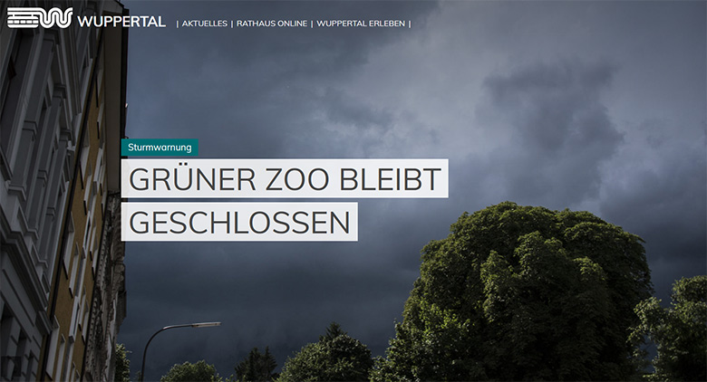 Screenshot der Microsite der Stadt Wuppertal "www.wuppertal.de" vom 11. Februar 2020: Sturmwarnung - Grüner Zoo bleibt geschlossen
