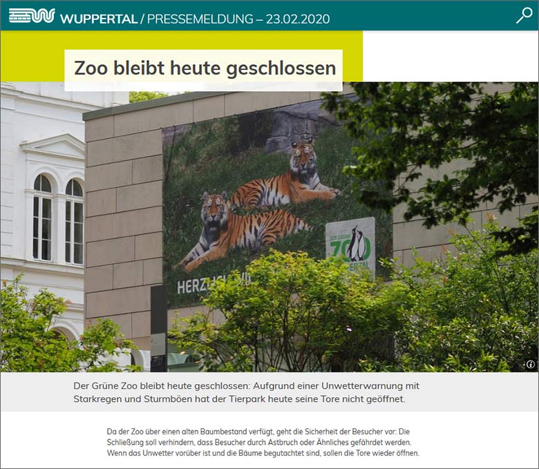 Screenshot der Microsite der Stadt Wuppertal "www.wuppertal.de" vom 23. Februar 2020: Unwetterwarnung - Zoo bleibt heute geschlossen