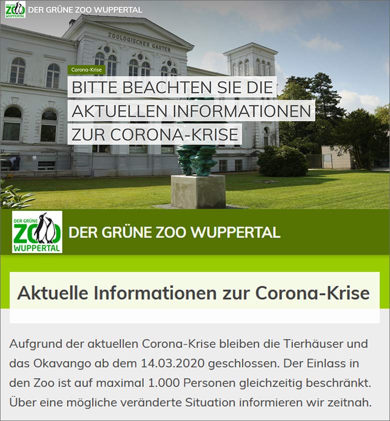 Screenshots der Microsite der Stadt Wuppertal "www.zoo-wuppertal.de" vom 13. März 2020: Der Grüne Zoo Wuppertal - Aktuelle Informationen zur Corona-Krise