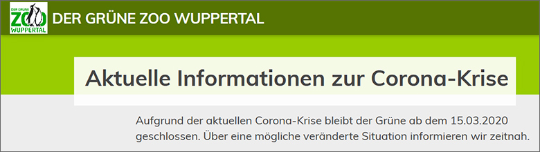 Screenshot der Microsite der Stadt Wuppertal "www.zoo-wuppertal.de" vom 14. März 2020: Der Grüne Zoo Wuppertal bleibt ab dem 15.03.2020 bis auf Weiteres geschlossen