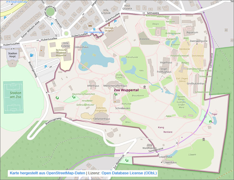 Karte der Straßen und Wege um den Zoologischen Garten Wuppertal