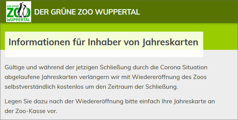Screenshot der Microsite der Stadt Wuppertal "www.zoo-wuppertal.de" vom 6. April 2020: Der Grüne Zoo Wuppertal - Informationen für Inhaber von Jahreskarten