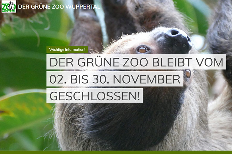 Screenshots der Microsite der Stadt Wuppertal "www.zoo-wuppertal.de" vom 30. Oktober 2020: Der Grüne Zoo Wuppertal bleibt vom 2. bis 30. November 2020 geschlossen