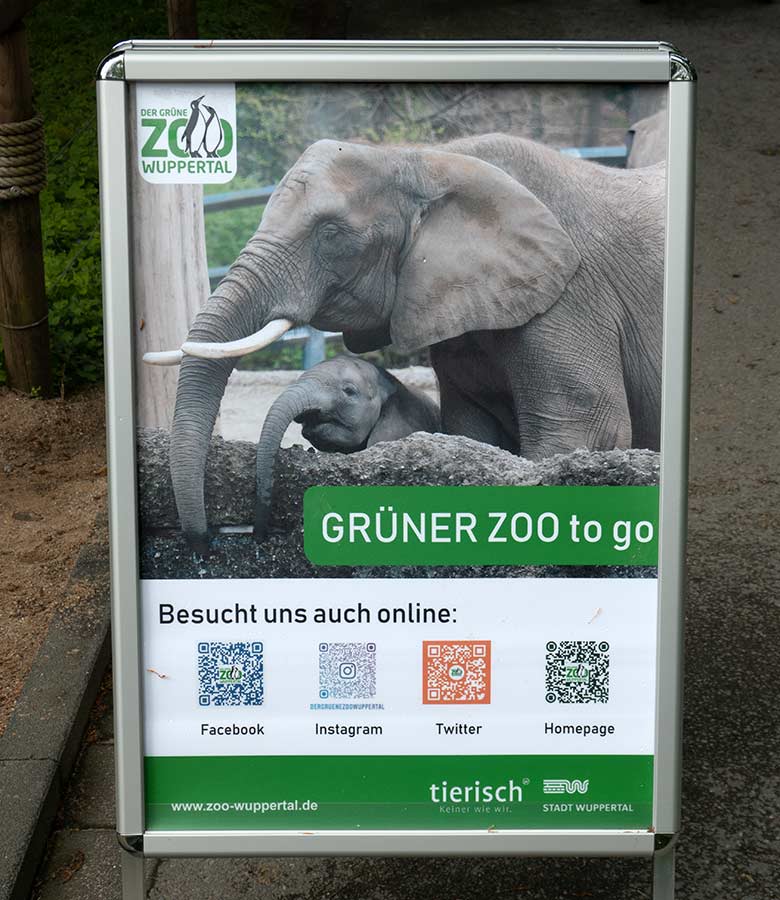 Plakat Grüner Zoo to go am 24. Mai 2021 auf einem Besucherweg im Zoologischen Garten der Stadt Wuppertal