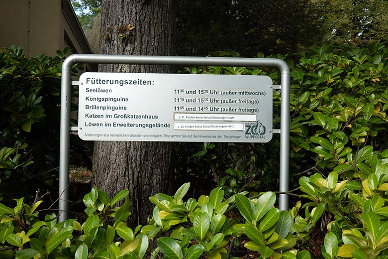 Alte Informationen zu Fütterungszeiten am 5. Oktober 2021 in der Nähe des Seelöwen-Beckens im Wuppertaler Zoo