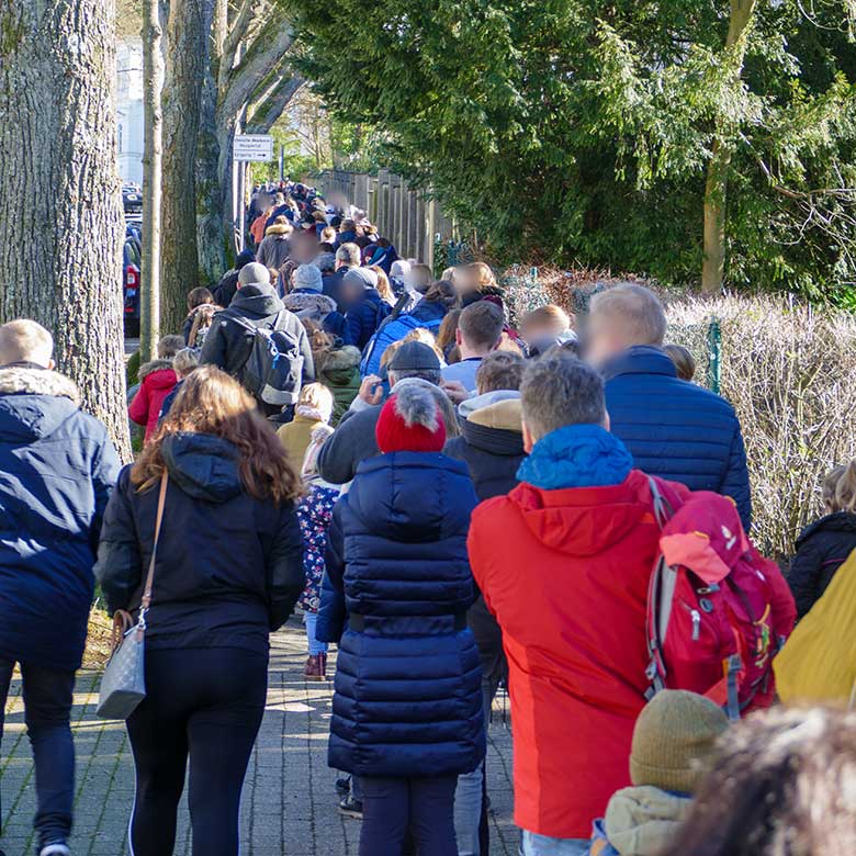 Warteschlange vor dem Grünen Zoo Wuppertal am 27. Februar 2022 auf der Hubertusallee bis hinunter zum Restaurant Da Vinci