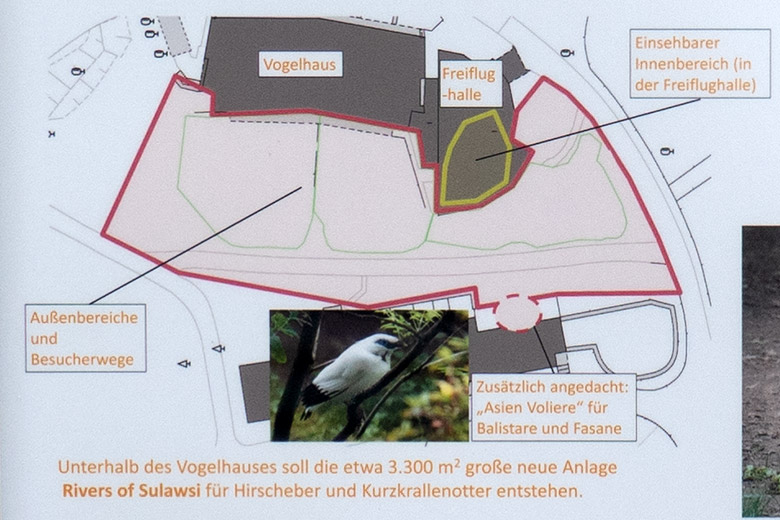 Ausschnitt vom Bauschild für das neue Projekt RIVERS OF SULAWSI am 6. Juli 2024 an der ehemaligen Anlage der Südpudus unterhalb des Vogel-Hauses im Wuppertaler Zoo