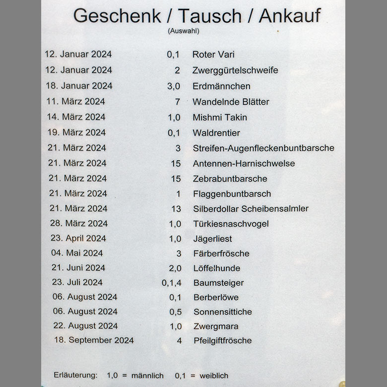 Aushang 'Geschenk / Tausch / Ankauf' am 24. Oktober 2024 in einem Schaukasten in der Nähe des Zoo-Eingangs im Wuppertaler Zoo