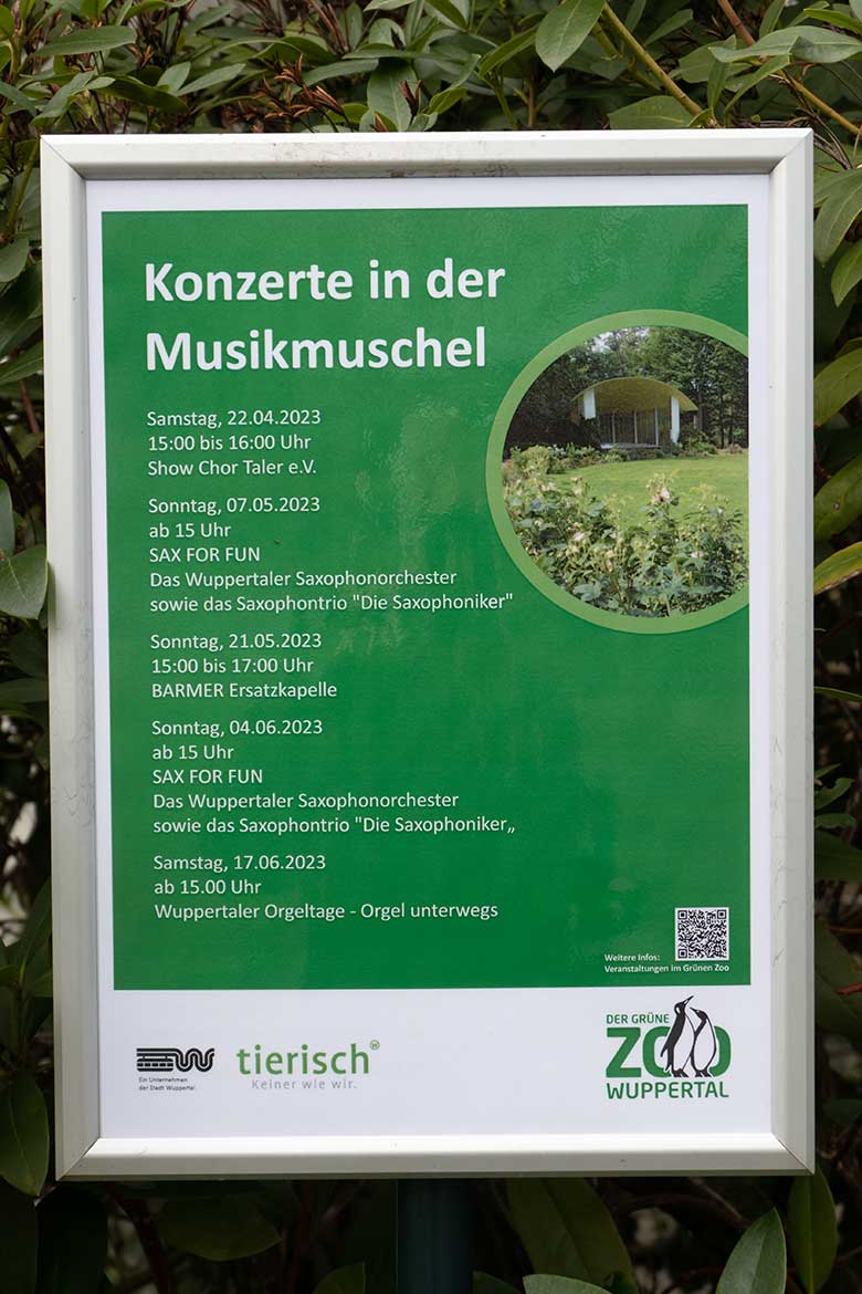 Aushang am 4. März 2023 über Konzerte in der Musikmuschel im Grünen Zoo Wuppertal