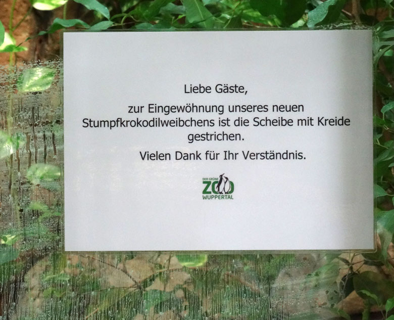 Aushang zum neuen Stumpfkrokodilweibchen am 9. September 2016 im Terrarium im Grünen Zoo Wuppertal