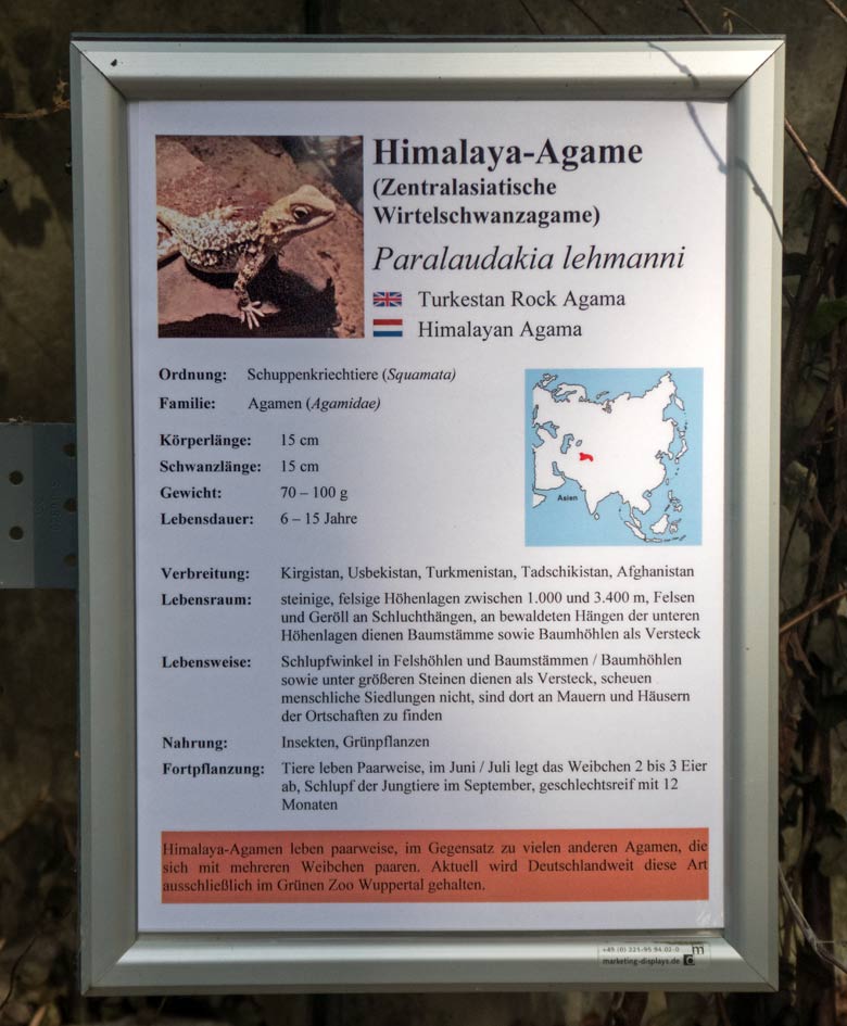 Ausschilderung für die Himalaya-Agame am 16. Juli 2018 neben dem Gehege im Wuppertaler Zoo