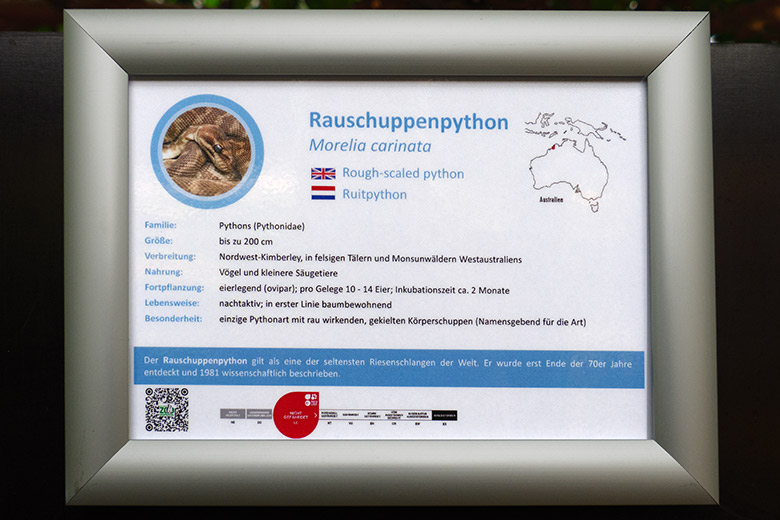 Neues Schild für die Tierart Rauschuppenpython am 11. Januar 2023 im Terrarium im Wuppertaler Zoo