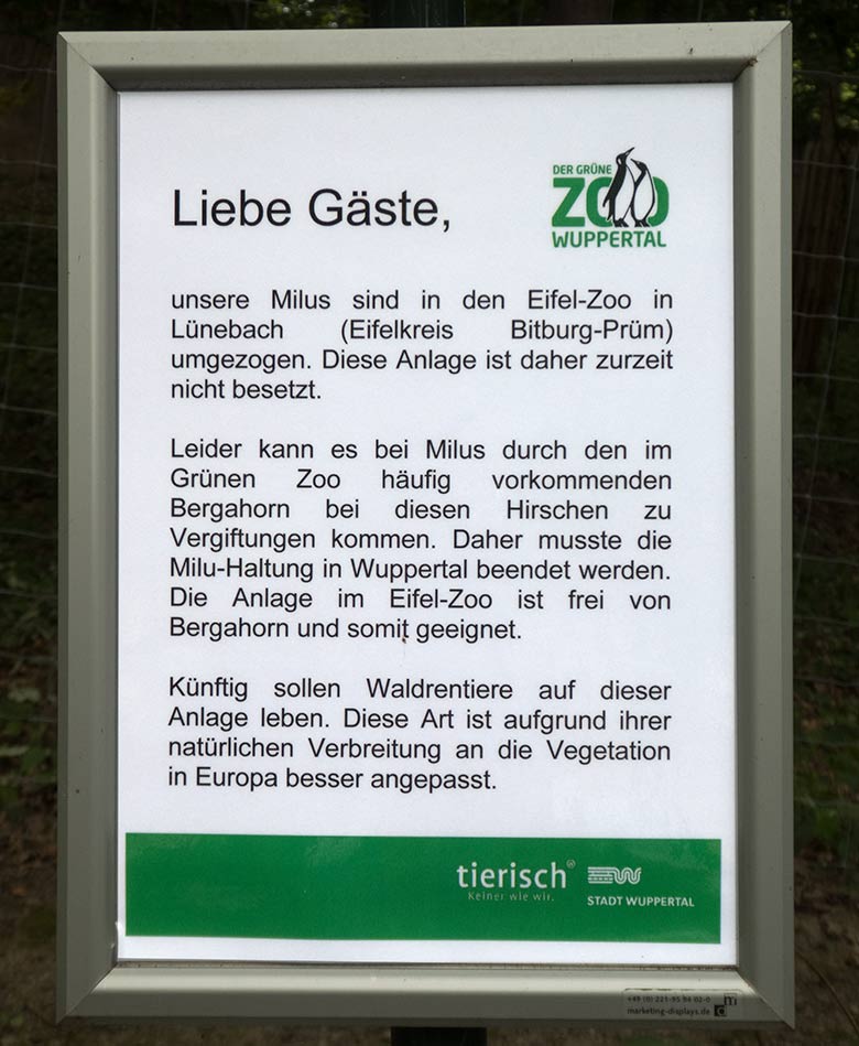 Aushang am 5. Juli 2019 im Grünen Zoo Wuppertal zum Umzug der Milus vom Wuppertaler Zoo in den Eifel-Zoo in Lünebach