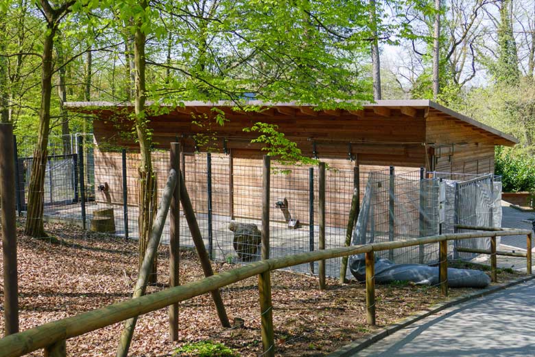 Stallgebäude der Europäischen Waldrentiere am 28. April 2021 am früheren Milu-Wald im Grünen Zoo Wuppertal