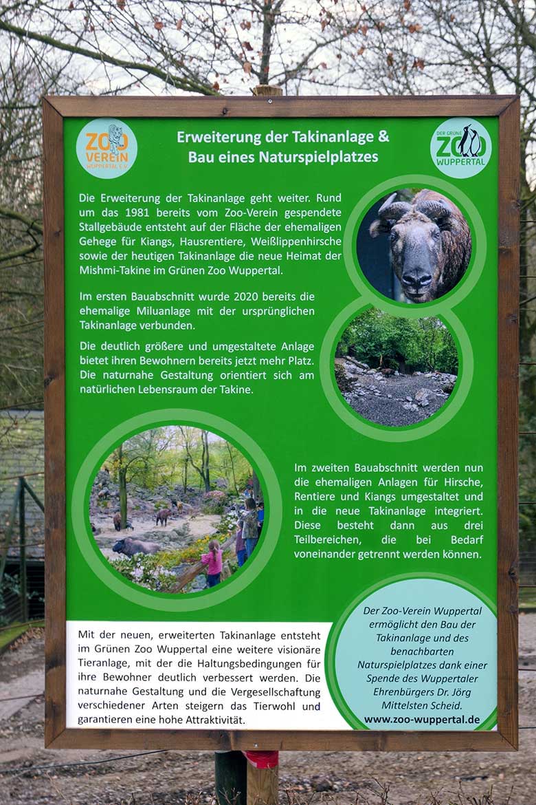 Information zur Erweiterung der Takinanlage und Bau eines Naturspielplatzes am 14. Februar 2022 vor der ehemaligen rechten Außenanlage der Rentiere im Zoologischen Garten der Stadt Wuppertal