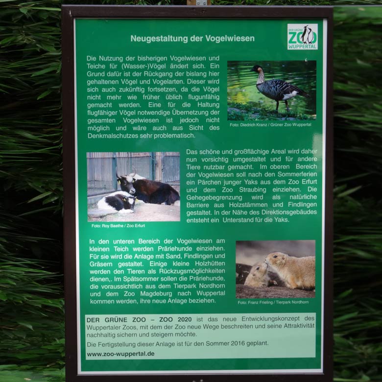 Informations-Poster am 2. September 2016 zur Neugestaltung der Vogelwiesen im Zoologischen Garten der Stadt Wuppertal