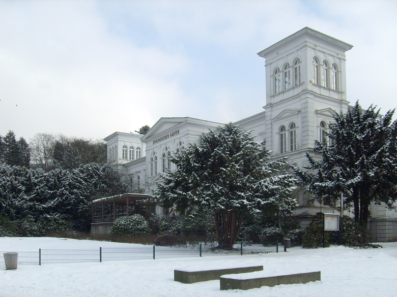 Hauptgebäude des Zoo Wuppertal im Schnee am 15. Februar 2010
