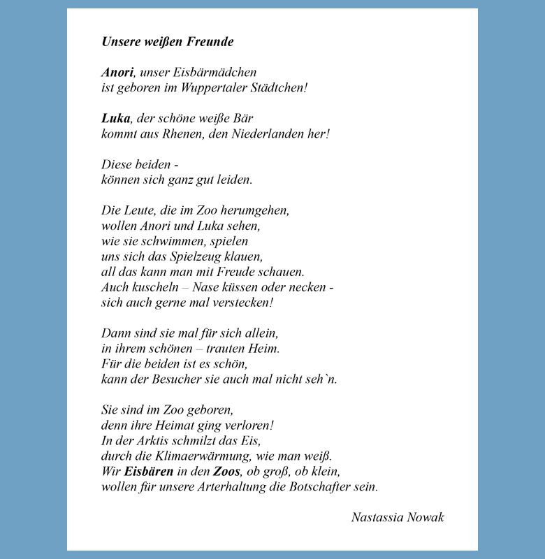 Gedicht zum Geburtstag der Eisbärin ANORI am 4. Januar im Grünen Zoo Wuppertal (Text von Nastassia Nowak)