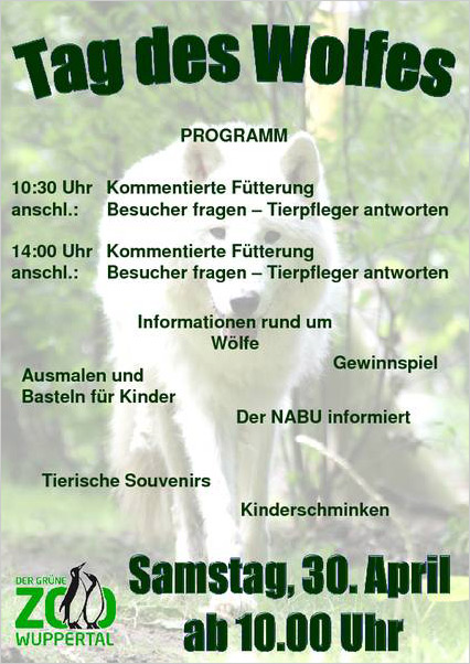 Plakat zum Tag des Wolfes im Grünen Zoo Wuppertal am Samstag, den 30. April 2016