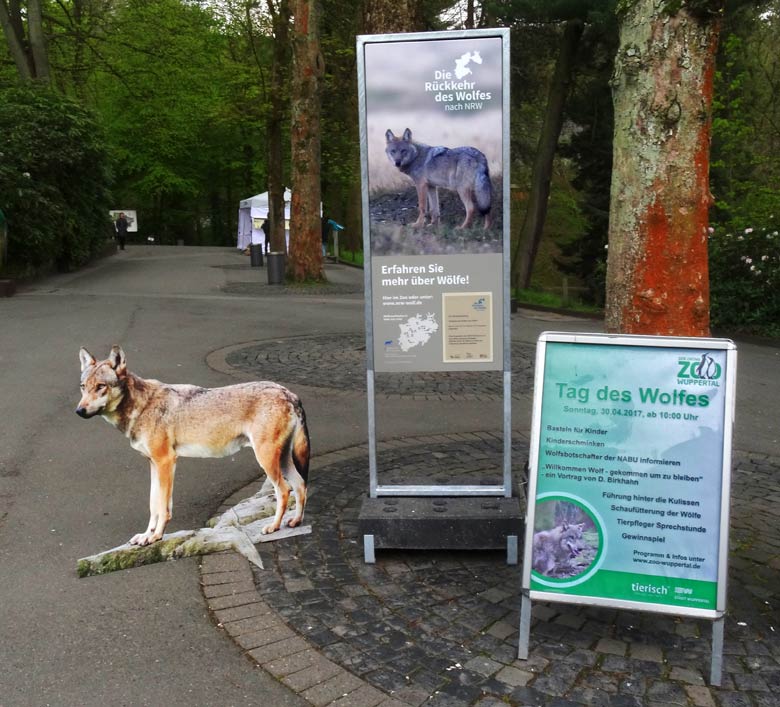 Besucher-Information am Eingangsbereich des Wuppertaler Zoos zum Tag des Wolfes im April 2017