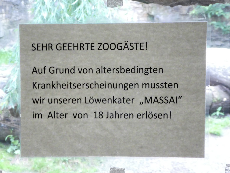 Aushang am 1. August 2017 an der Mini-Außenanlage im Zoologischen Garten Wuppertal