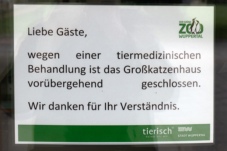 Aushang zur Schließung des Großkatzen-Hauses am 7. März 2024 im Grünen Zoo Wuppertal