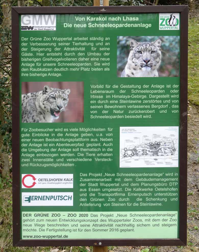 Informationsschild zur neuen Schneeleoparden-Anlage am 8. April 2017 im Grünen Zoo Wuppertal