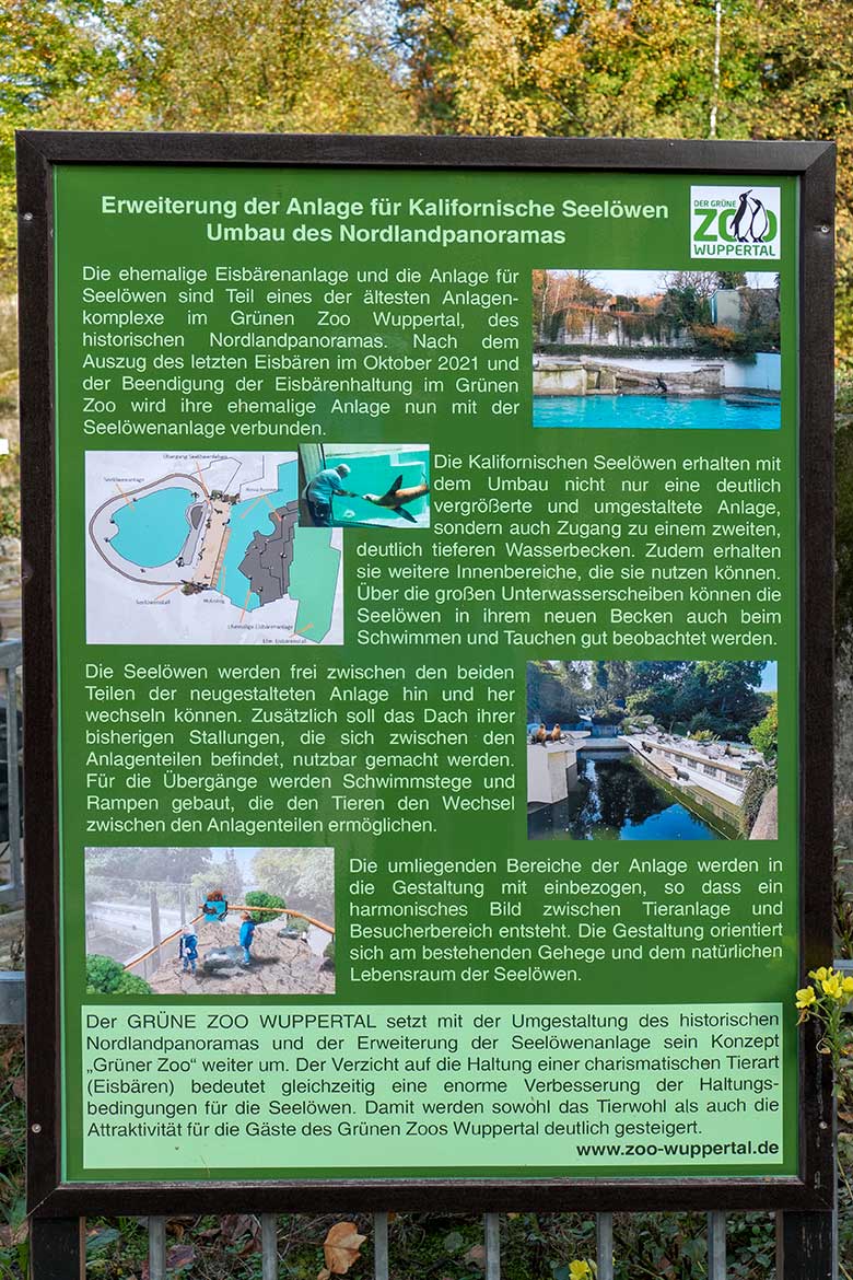 Information zum Umbau des Nordlandpanoramas am 29. Oktober 2022 am Rand der ehemaligen Eisbären-Anlage im Grünen Zoo Wuppertal