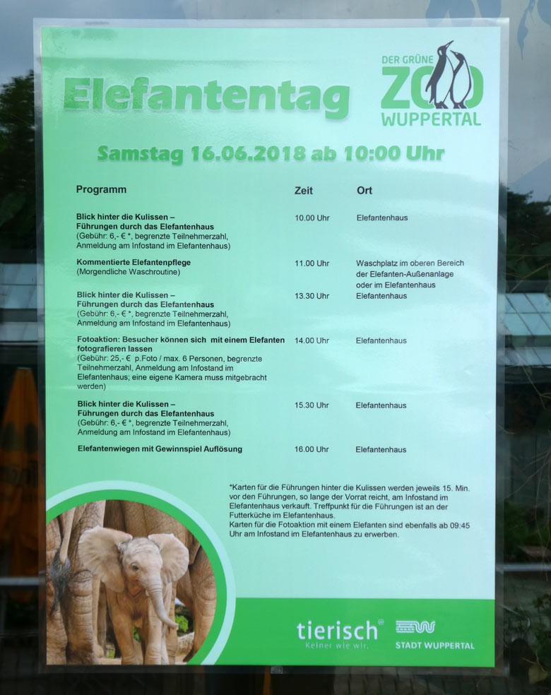 Aushang mit dem Programm des Elefantentages am 16. Juni 2018 im Wuppertaler Zoo