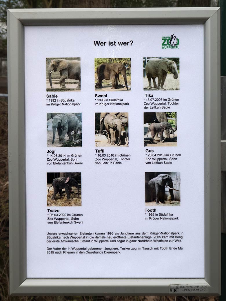 Aushang zu den Afrikanischen Elefanten am 7. März 2020 an der Außenanlage am Elefanten-Haus im Grünen Zoo Wuppertal