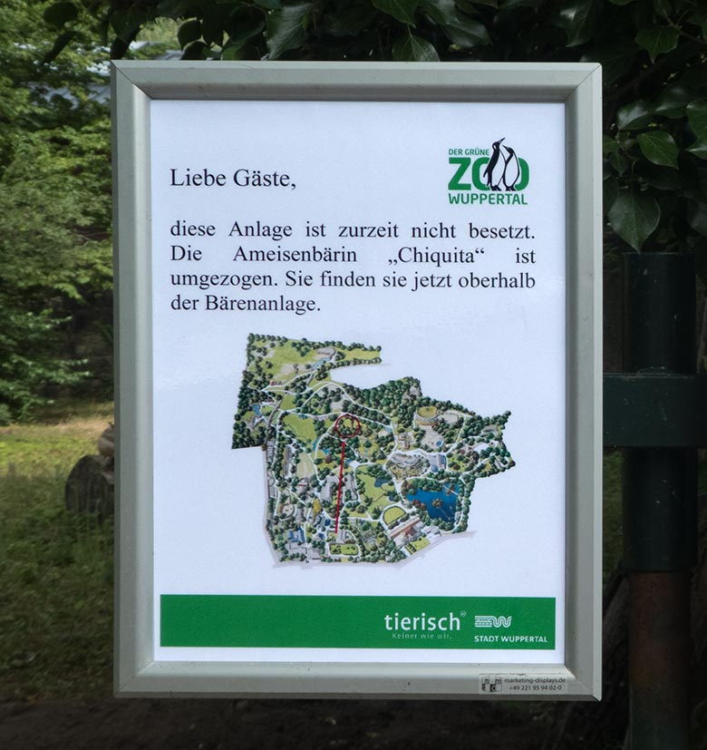 Aushang am 19. Juli 2019 zum Umzug der Großen Ameisenbärin CHIQUITA im Grünen Zoo Wuppertal