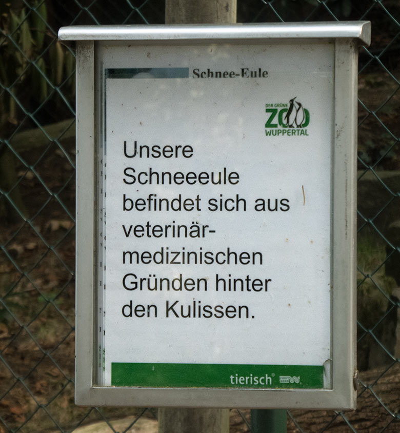 Aushang an der leeren Anlage der Schnee-Eulen am 9. September 2018 in der Nähe der Anlage der Schneeleoparden im Wuppertaler Zoo