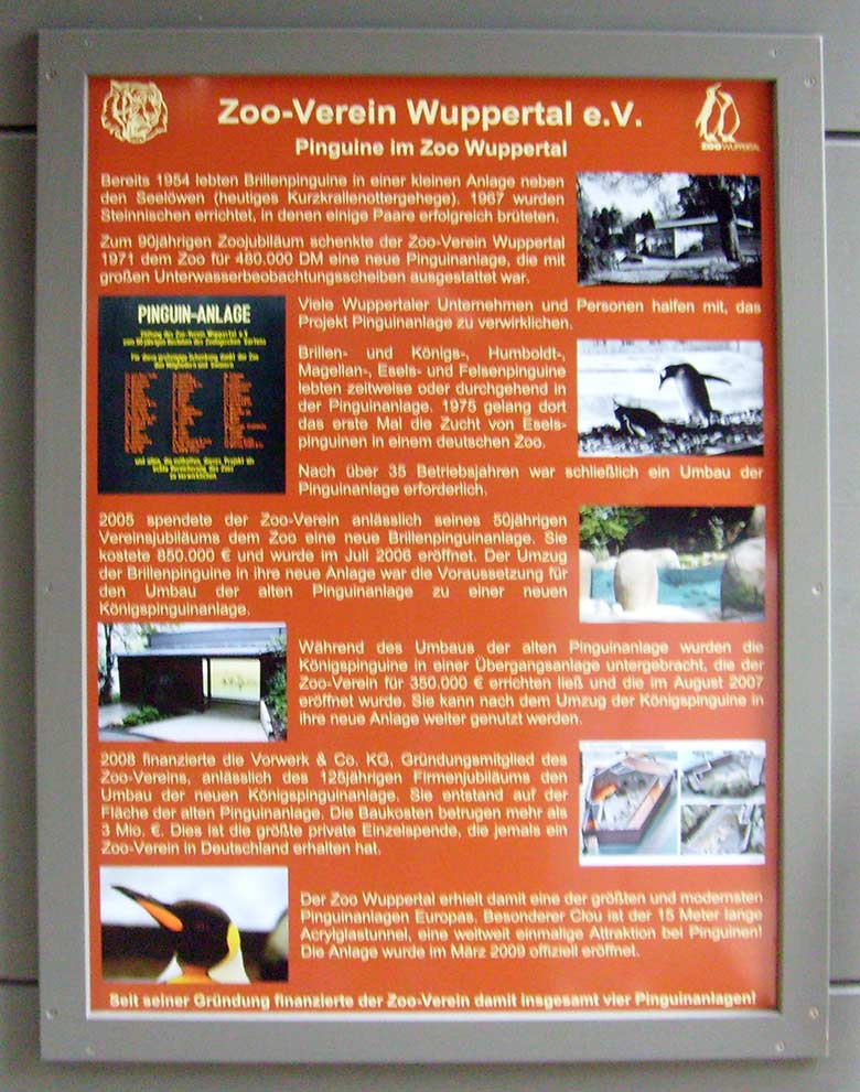 Information zum Engagement des Zoo-Verein Wuppertal e.V. für Pinguine im Zoo Wuppertal am 23. März 2009 im Wuppertaler Zoo