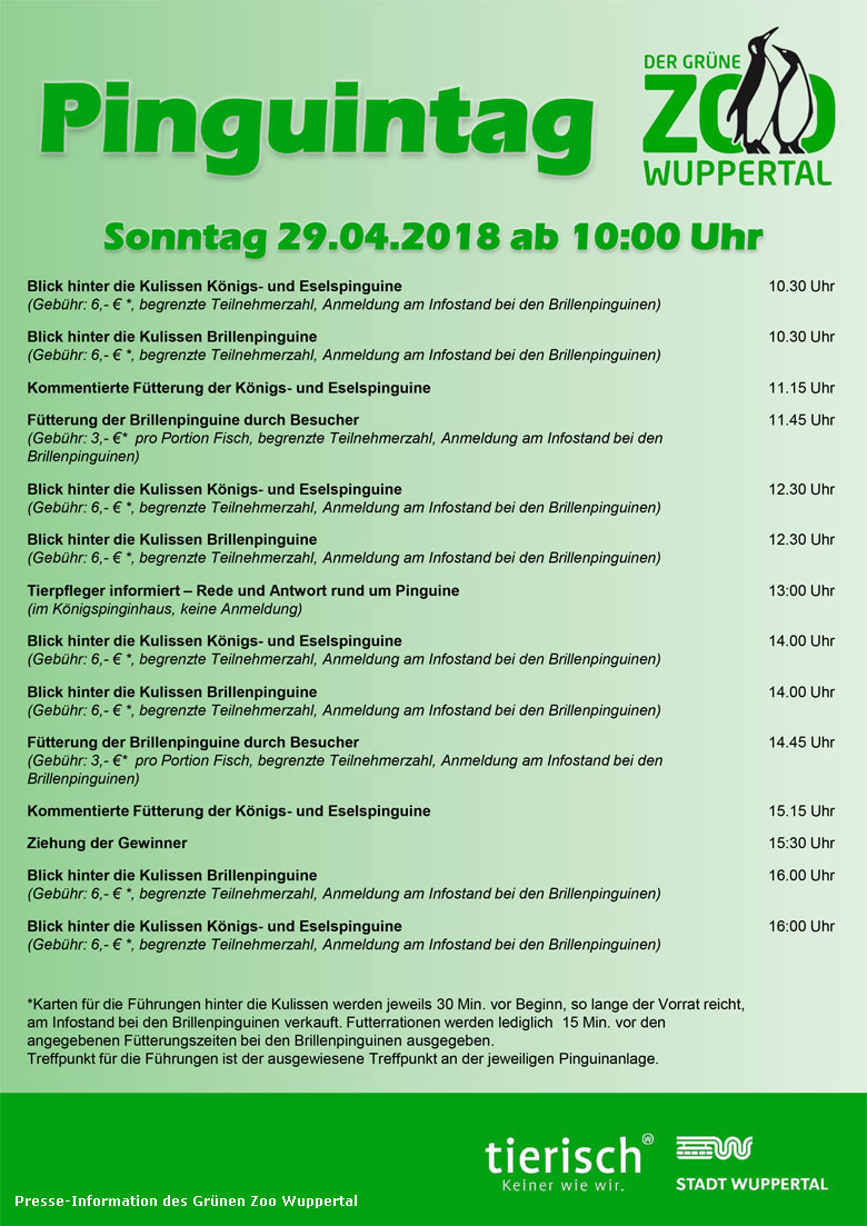 Programm Pinguintag am 29. April 2018 im Grünen Zoo Wuppertal (Presse-Information Der Grüne Zoo Wuppertal)